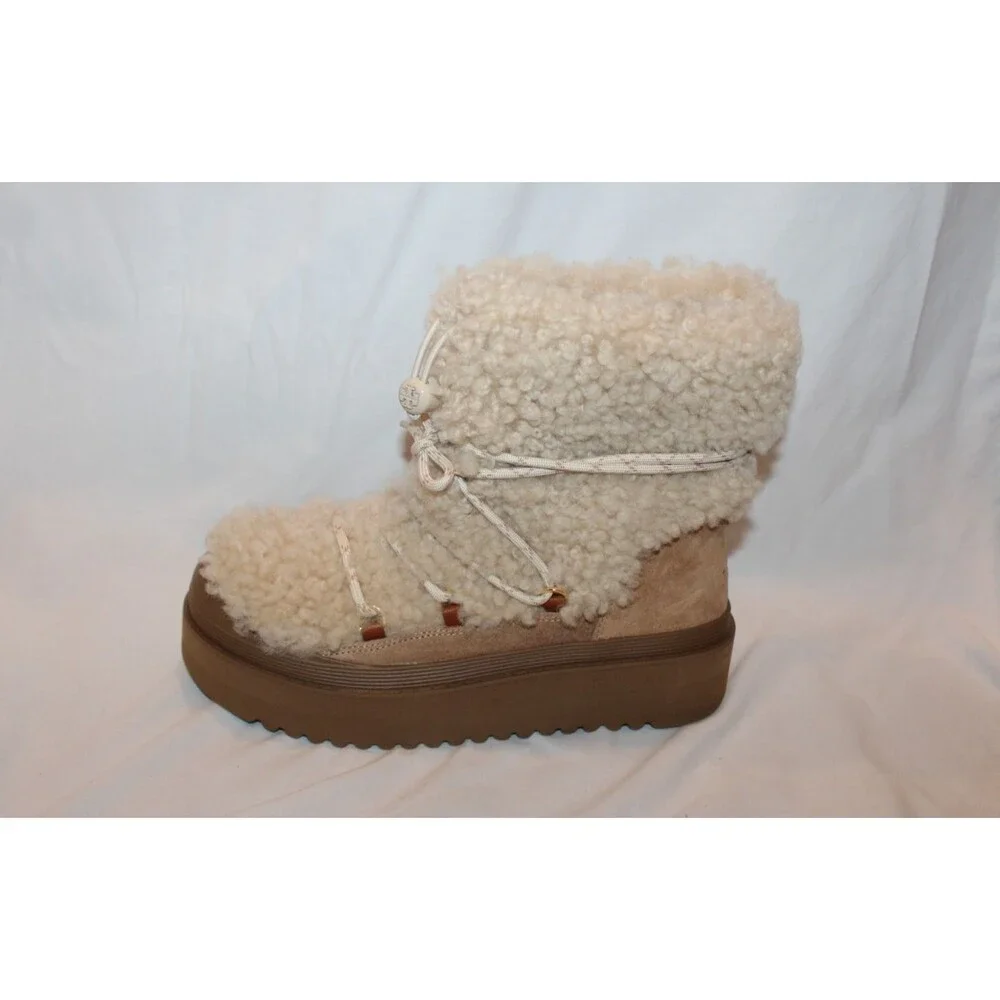 Tory Burch Women's Mellow Shearling Platform Boots Buttermilk Brown 9.5 $500